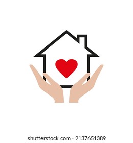 Hands holding house with heart icon, line sign on white background