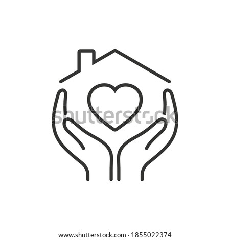 Hands holding house with heart icon in line style, health care on white background on white background, care and charity business concept