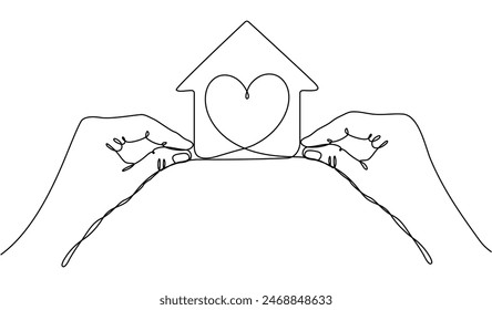 Hands holding house with heart shape continuous line drawn. Charity symbol. Vector illustration isolated on white background.	