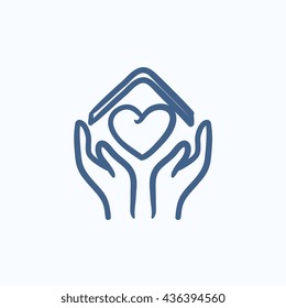 Hands holding house with heart vector sketch icon isolated on background. Hand drawn Hands holding house with heart icon. Hands holding house with heart sketch icon for infographic, website or app.