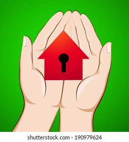 Hands holding a house with a hole for the key