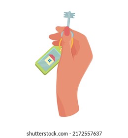 Manos sujetando las llaves de la casa. El concepto de compra o alquiler de una casa. Las llaves del apartamento. Ilustración vectorial.