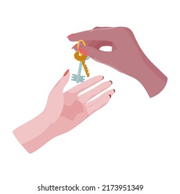 Manos sujetando las llaves de la casa. El concepto de compra o alquiler de una casa. Las llaves del apartamento. Ilustración vectorial.