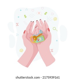 Hands holding house keys. The concept of buying or renting a home. Keys to the apartment. Vector illustration.