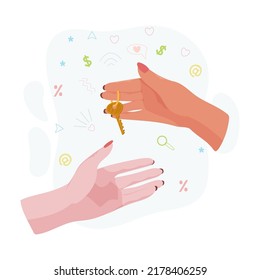 Manos sujetando las llaves de la casa. El concepto de compra o alquiler de una casa. Las llaves del apartamento. Ilustración vectorial.