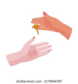 Hands holding house keys. The concept of buying or renting a home. Keys to the apartment. Vector illustration.