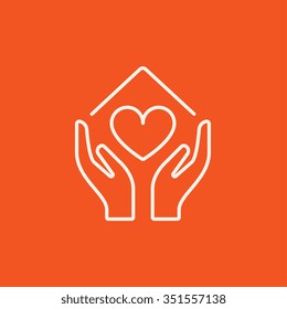 Hands holding house symbol with heart shape line icon for web, mobile and infographics. Vector white icon isolated on red background.