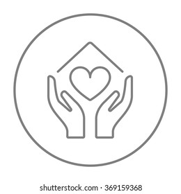 Hands holding house symbol with heart shape line icon.