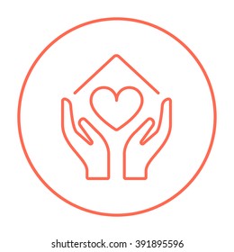 Hands holding house symbol with heart shape line icon.