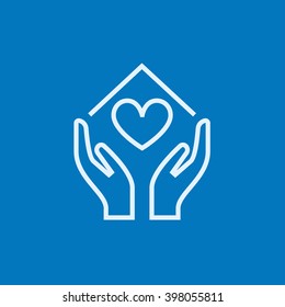 Hands holding house symbol with heart shape line icon.