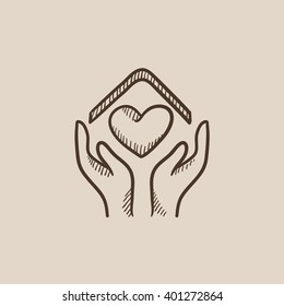 Hands holding house symbol with heart shape sketch icon.