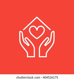 Hands holding house symbol with heart shape line icon.