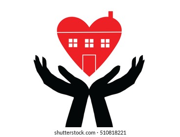 Hands holding house symbol with heart shape line icon. Vector illustration.