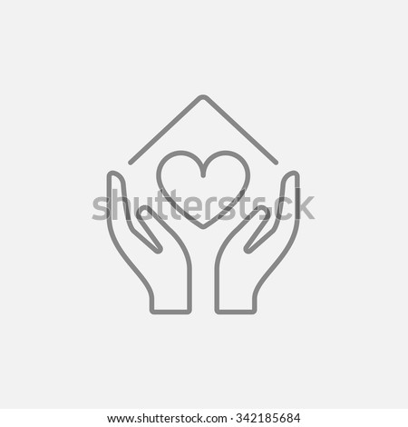 Hands holding house symbol with heart shape line icon for web, mobile and infographics. Vector dark grey icon isolated on light grey background.