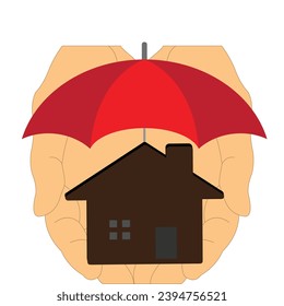 Hands holding a house with an umbrella over it, insurance concept