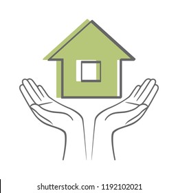 Hands holding house. Vector sketch icon isolated on white background.
