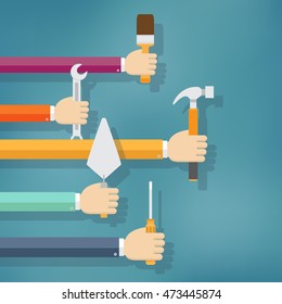 Hands holding housework and repair tools. Flat vector illustration.