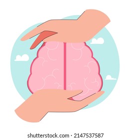 Manos sosteniendo el cerebro humano. Metáfora para inteligencia o estudio de ilustración vectorial plana. Educación, conocimiento, concepto de información para banner, diseño de sitios web o página web de inicio