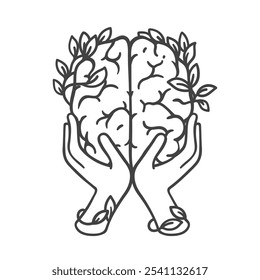 Hands holding human brain with plant leaf line icon. Outline hand drawn sketch of mental health care and assistance, counseling. Training, mentorship mascot, brain growth icon vector illustration