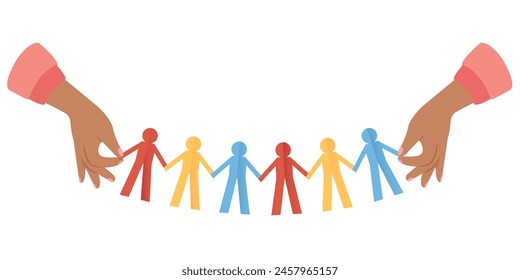 Hands holding human paper chain, Human paper cut. Concept of community and support. Social equality design.