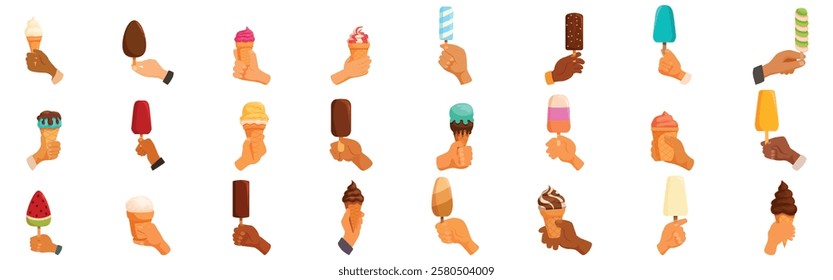  Hands holding ice cream icons set. Hands grasping refreshing ice cream and popsicles, a perfect way to cool off on a hot summer day