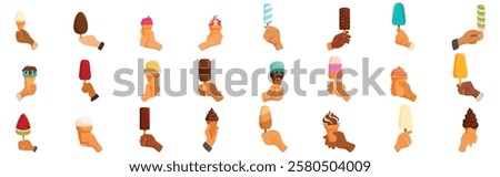  Hands holding ice cream icons set. Hands grasping refreshing ice cream and popsicles, a perfect way to cool off on a hot summer day