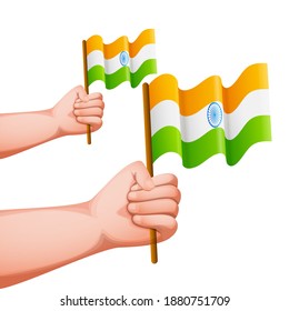 Hands Holding India Flags On White Background.