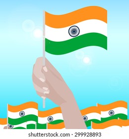 Hands Holding Indian Flags. Happy Independence Day. Vector Illustration.