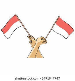 Manos sosteniendo la bandera de Indonesia. Elemento adecuado para flyer o pegatina  