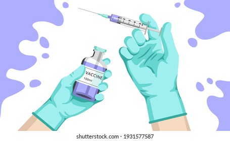 Hands holding injection and ampule with a nice blue background.