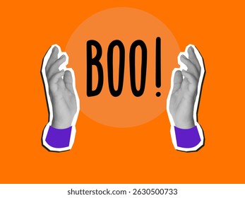 A hands holding an inscription Boo! Halloween card design. Modern photo collage style. Vector illustration
