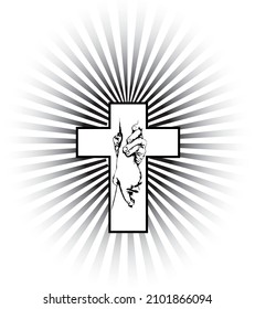 hands holding inside a cross with sunbeams in the background.
