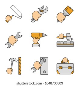 Hands holding instruments color icons set. Paint roller, plumbing wrench, brush, spanner, electric screwdriver, lump hammer, tool bag. Isolated vector illustrations