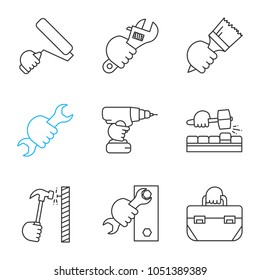 Hands holding instruments linear icons set. Paint roller, plumbing wrench, brush, spanner, electric screwdriver, lump hammer, tool bag. Thin line contour symbols. Isolated vector outline illustrations
