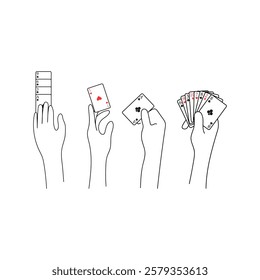 Hands holding and interacting with playing cards. Minimalist vector illustration. Poker, Blackjack, card games. Casino, gambling concept.