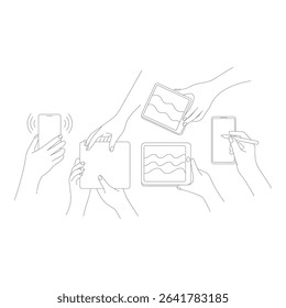 Hands holding and interacting with various digital devices isolated on white