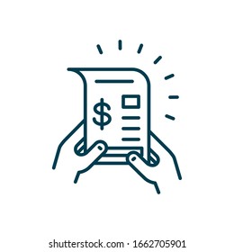 manos que tienen un icono de factura sobre fondo blanco, estilo de línea, ilustración vectorial