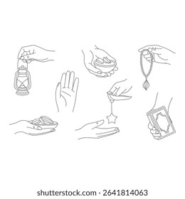 Hands holding islamic symbols for ramadan isolated on white background