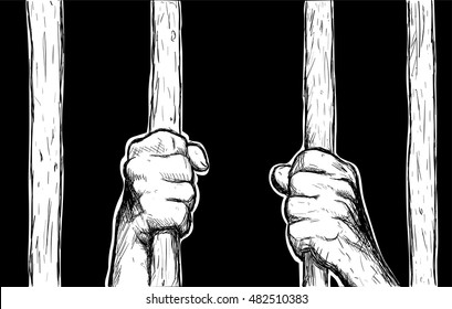 Hands holding Jail Bars.  human hands behind bars. Vector Illustration.  freehand style. Design for shirt, T-shirt.