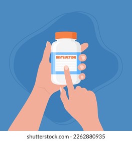 Hands holding a jar with medicine or vitamins and instruction for use on it. Vector illustration in flat style