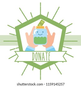 hands holding jar money banknote retro emblem donate