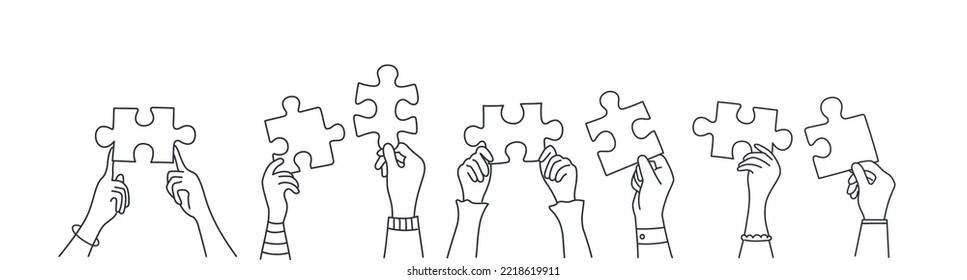 Hands holding a jigsaw puzzle piece which joins another puzzle piece. Hand drawn vector illustration. Black and white.