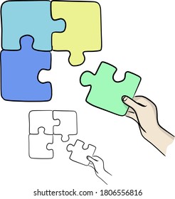 Hände, die Puzzles halten Vektorgrafik Skizze doodle Hand gezeichnet mit schwarzen Linien einzeln auf weißem Hintergrund. Konzept der Unternehmensabstimmung.