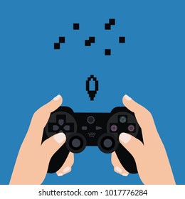 hands holding joy pad vector. Computer game controller or remote. Gaming play station. joystick play in rocket on space & buttons. gamer & player console flat design blue background isolated cartoon