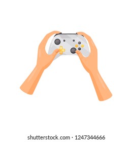 Hands holding joystick, gaming concept vector Illustration on a white background