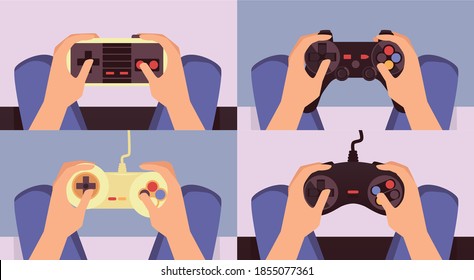 Hände, die einen Joystick für Videospiele halten - Cartoon-Set von Leuten mit Retro- und modernen drahtlosen Gamepad-Controllern, Vektorgrafik von Faminggeräten