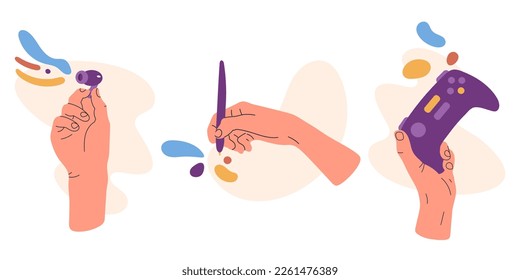 Hands holding joystick, stylus pen and earphones. Digital devices in human hands, hands holding gesture flat vector illustration set