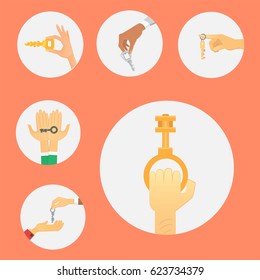 Hands holding key apartment selling human gesture sign security house concept vector illustration.