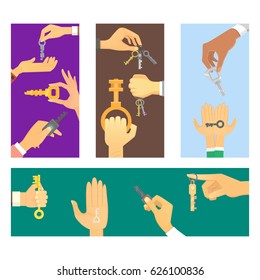 Hands holding key apartment selling human gesture sign security house concept vector illustration.