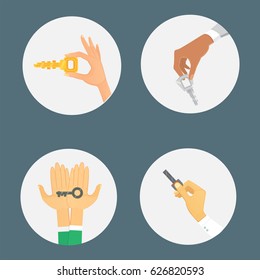 Hands holding key apartment selling human gesture sign security house concept vector illustration.